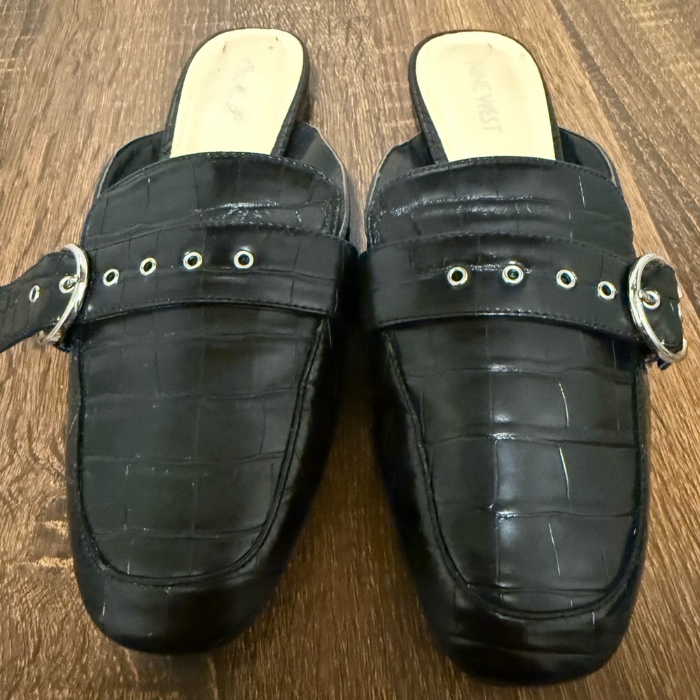 Nine West Black Croc-Patterned Slip-Ons with Silver Buckle